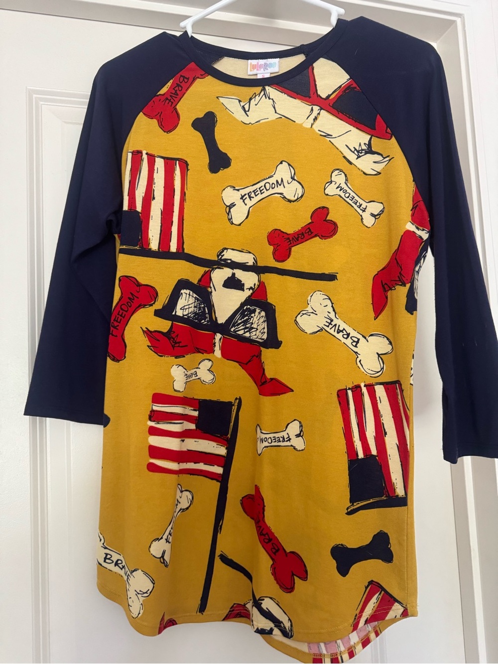 Lula Roe Navy & Mustard Freedom Bones Raglan Dog Shirt